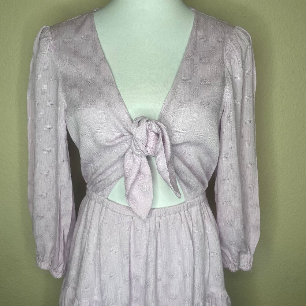 Lush Lilac Tie Front Cutout Mini Dress M Textured Balloon Sleeve Tiered Lavender - Picture 3 of 12